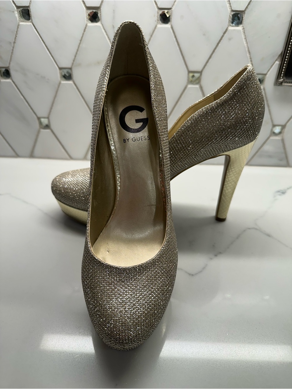G by Guess Champagne Glitter High Heel Pumps